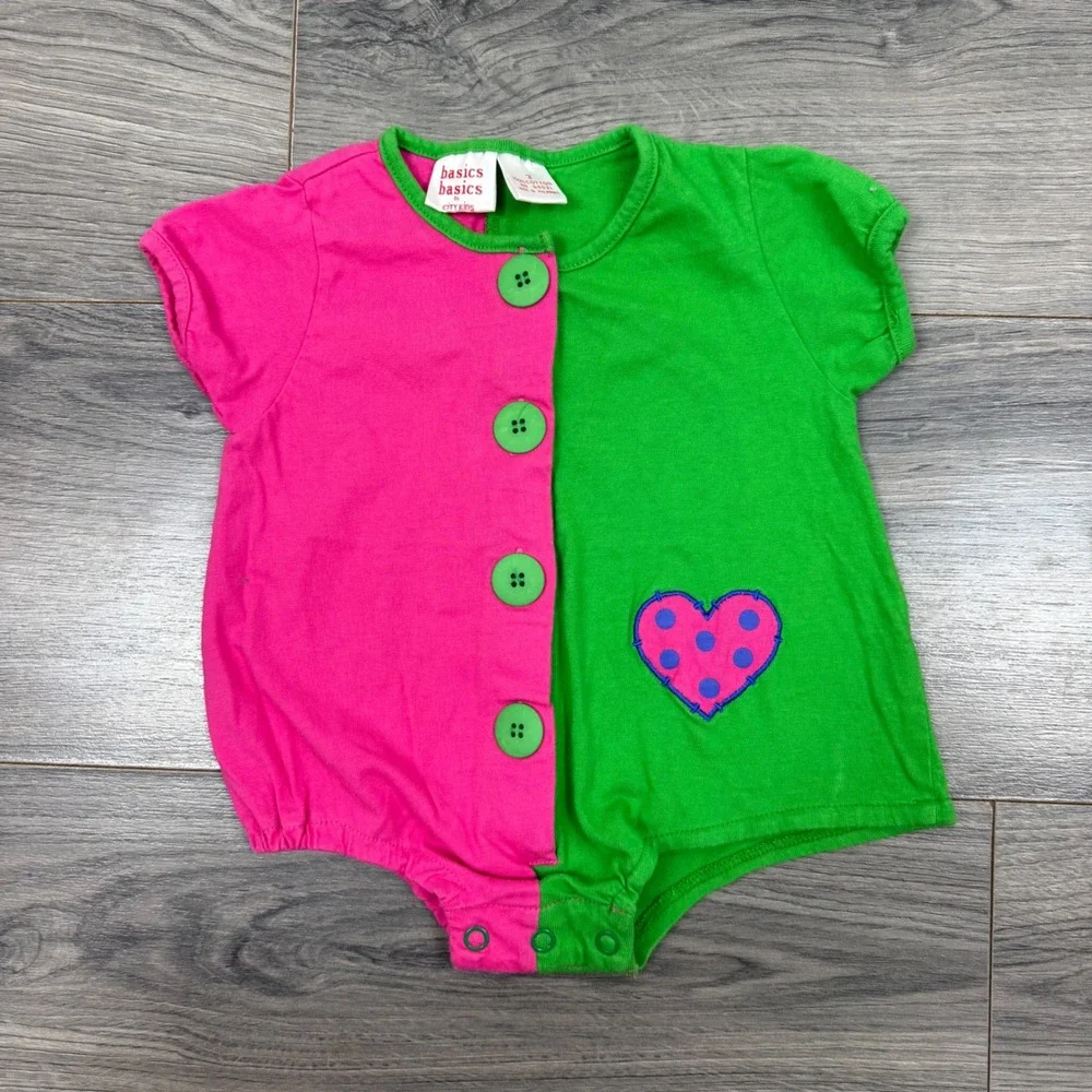 Vintage 1991 Basics by City Kids Pink Green Colorblock Heart Bodysuit Size 3M